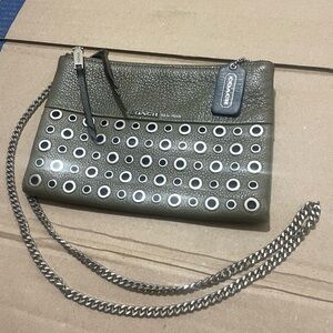 Coach Crossbody Bag Leather Olive Green Grommets Metal Strap